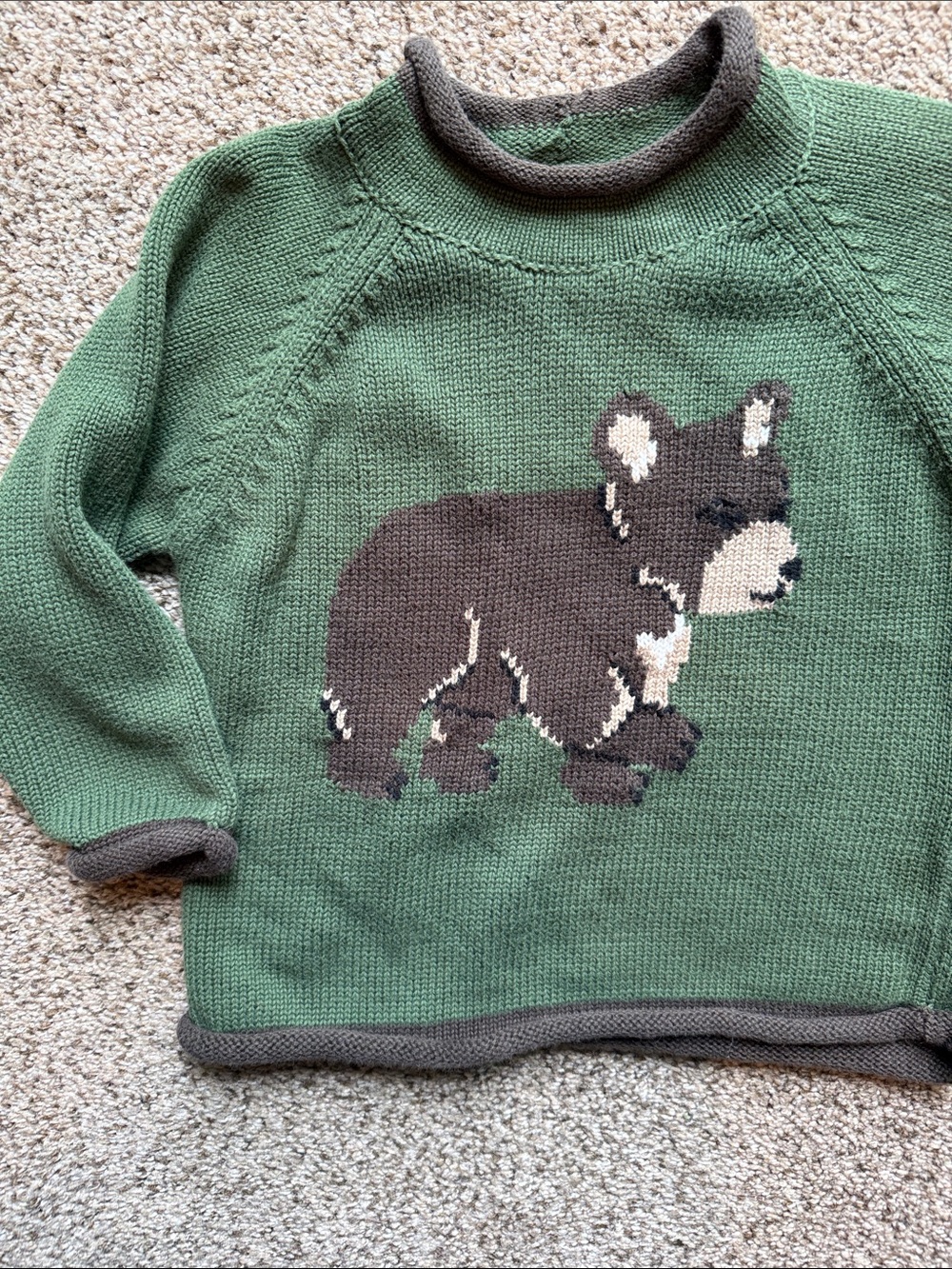 L.L. Bean | Green Knit Sweater with Gray Trim and Bear W/ Beehive
